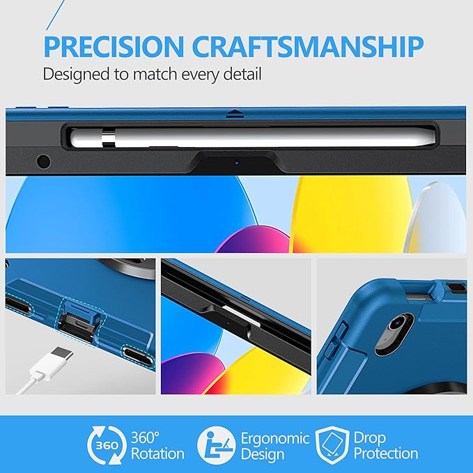 Case for iPad (A16) 11th/10th Generation Case: Protective Cover for iPad 11th Gen 11 Inch 2025 &10th Gen 10.9" 2022 with Screen Protector- Stand- Shoulder Strap- Handle- Pencil Holder-Dark Blue