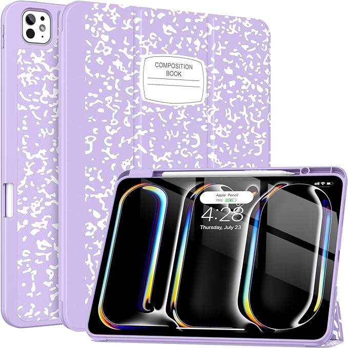 Soke Case for New iPad Pro 13 Inch (M5/M4, 2025/2024 Release), with Pencil Holder Trifold Stand Shockproof [Support Apple Pencil Charging + Auto Wake/Sleep], Soft TPU Back Cover, Book Lilac
