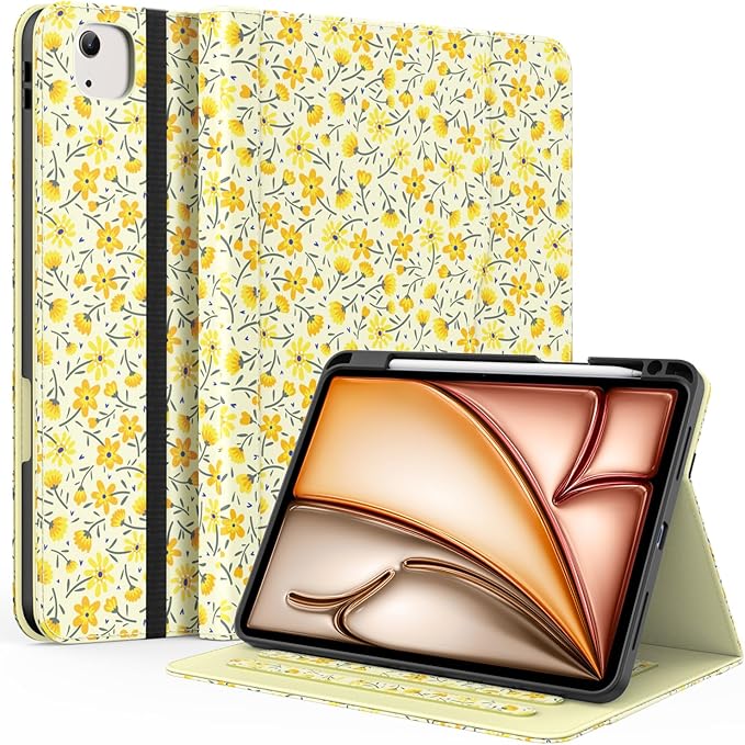ZoneFoker Case for iPad Air 11-inch M3/ M2 (2025/2024), iPad Air 5th/ 4th Generation 10.9'' (2022/2020), iPad Pro 11 (4th/3rd/2nd/1st Gen), Multi-Angle Stand Cover with Pencil Holder, Yellow Flower