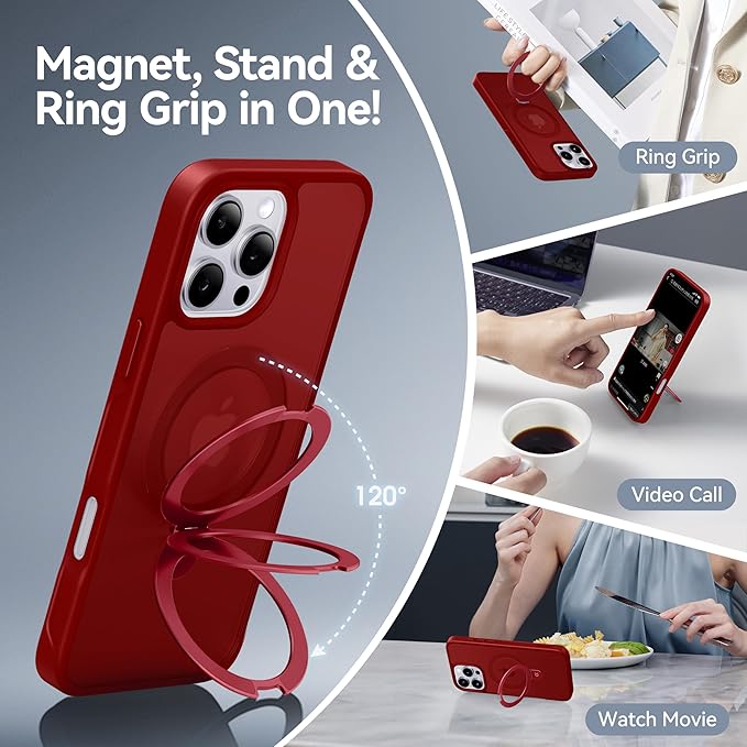 CASEKOO Ultra-Magnetic Stand for iPhone 16 Pro Case [Military Drop Protection] [Compatible with MagSafe] Shockproof Translucent Matte Slim Ring Holder Case for iPhone 16 Pro 6.3", Red
