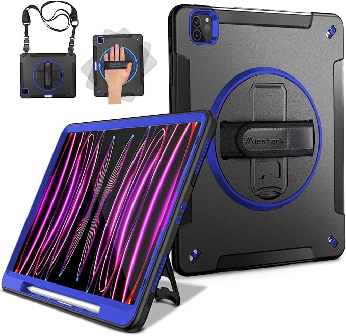 Miesherk Military Grade Heavy Duty Shockproof Case for iPad Pro 12.9 Inch 6th/5th/4th Generation with Pencil Holder, Rotating Stand, and Hand Strap - Blue