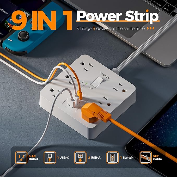 TESSAN 5Ft White Extension Cord with Multiple Outlets, Surge Protector Power Strip with 6 Outlets and 3 USB Ports (1 USB C), 1700 Joules Protection, Flat Plug, Outlet Extender for Home, Office, Dorm