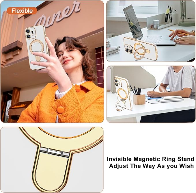 Compatible with iPhone 12 Case with Magnetic Ring Stand [Compatible with Mag-Safe] [Full Camera Lens Protector] Soft Plating Phone Case for iPhone 12 6.1", White