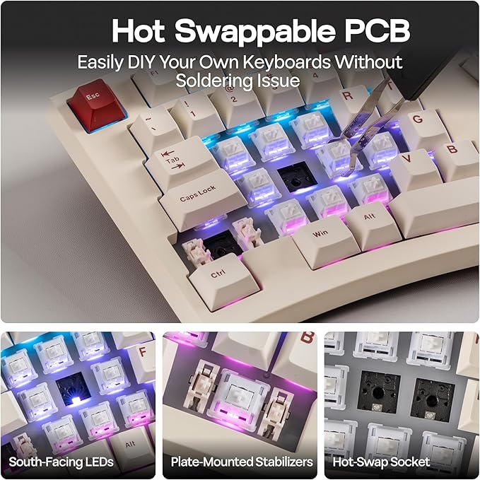 MechLands Feker Alice98 Ergonomic 98 Keys Custom Mechanical Keyboard, VIA Programmable, USB-C Wired Gaming Keyboard, Hot Swappable, 5 Layer Paddings, Control Knob, NKRO, RGB for Win/Mac (Beige)
