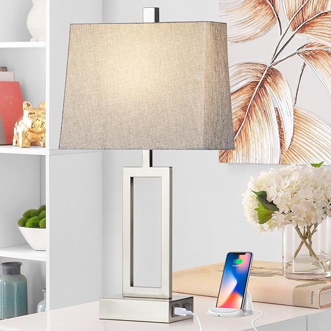 Rinweey 23.5" Touch Control Table Lamps Set of 2, Modern Silver Bedside Lamps with USB A+C Ports & AC Outlet, 3 Way Dimmable Contemporary Nightstand Lamps for Bedroom Living Room(2 LED Bulb Included)