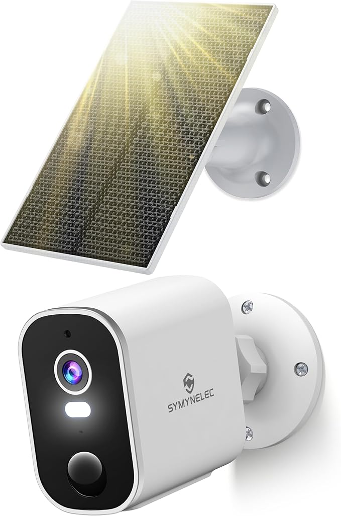 SYMYNELEC Solar Security Cameras Wireless Outdoor, 2K Battery Powered WiFi Camera with Motion Detection for Home - Color Night Vision Spotlight Siren Alarm 2-Way Talk IP65 Waterproof Cloud/TF Storage