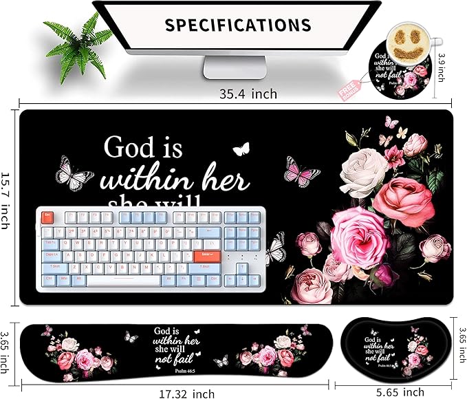 Large Gaming Mouse Pad Set 35.4 x 15.7 with Keyboard Wrist Rest, Wrist Support, and Coaster Memory Foam Smooth Desk Pad Mousepad for Home Office School - Floral Bible