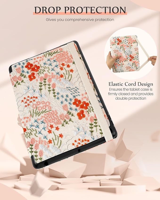 Uppuppy for iPad 9th/8th/7th Generation Case 10.2'' - for Women Girls Cute Embroidered Folio Stand Cover with Pencil Holder & Card Slot Girly Floral Flowers Design Aesthetic Cases for iPad 7th/8th/9th