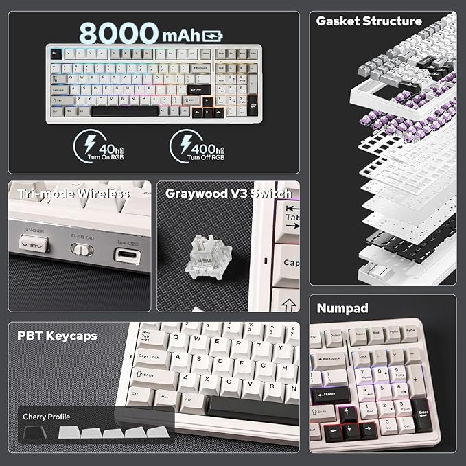 EPOMAKER x Aula F99 Wireless Mechanical Keyboard, Hot Swappable Gasket Custom Gaming Keyboard with Five-Layer Padding, BT/2.4GHz/USB-C, 8000mAh Battery (White Grey, Graywood V3 Switch)