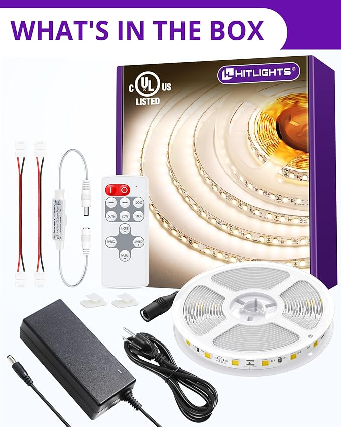 HitLights White LED Strip Lights Kit with Remote & 12V Power Supply, 16.4ft High Density Dimmable Tape Light 4000K, 600 LEDs, 300Lm/ft, UL Listed, Flexible Rope Lights for Bedroom, Kitchen, Cabinet