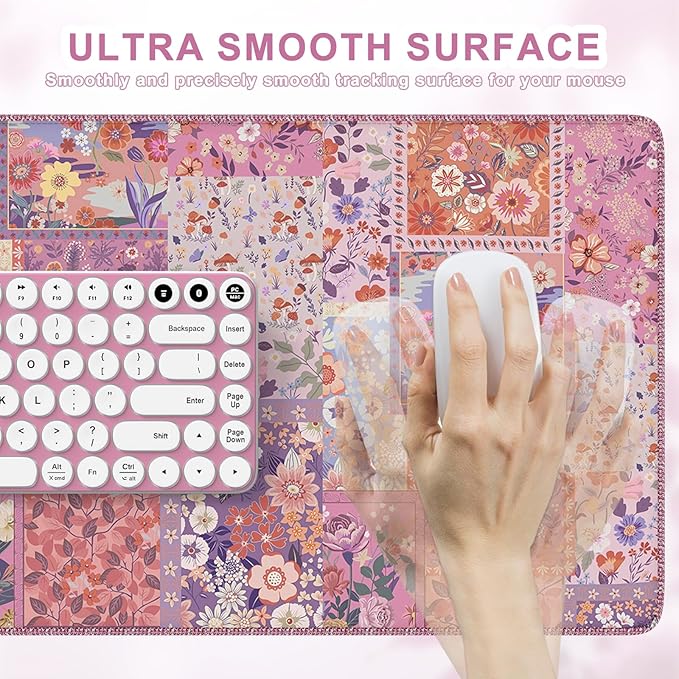 HAOCOO Rose Desk Cover Mat, Cute Floral Keyboard Mat with Stitched Edges, Pink Non-Slip Table Mat Desk Protector for Home Decor, 35.4“ x 15.7" Waterproof Mouse Pad for Office