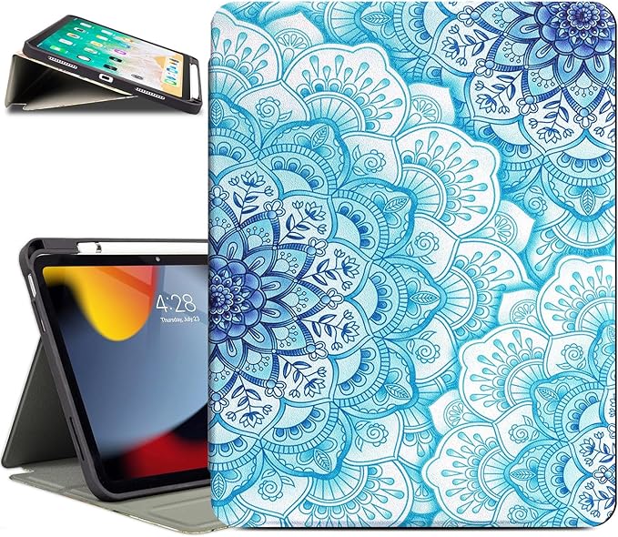Vimorco for iPad A16 Case 11-inch 2025, for iPad (A16) 11th/10th Generation Case Pencil Holder, Typing Stand & 4 Viewing Angles, Faux Leather Slim Cover, Auto Sleep/Wake, Blue Mandala Flower