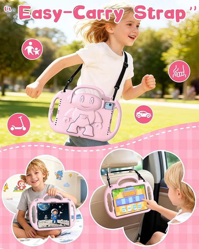 Kids Case for iPad A16 11" 2025 (11th Gen) & 10th Generation 10.9" 2022 & iPad Air 11" M3/M2 & Air 5th/4th Gen & Pro 11, Durable Shockproof Cover with Shoulder Strap Handle Stand, Light Pink