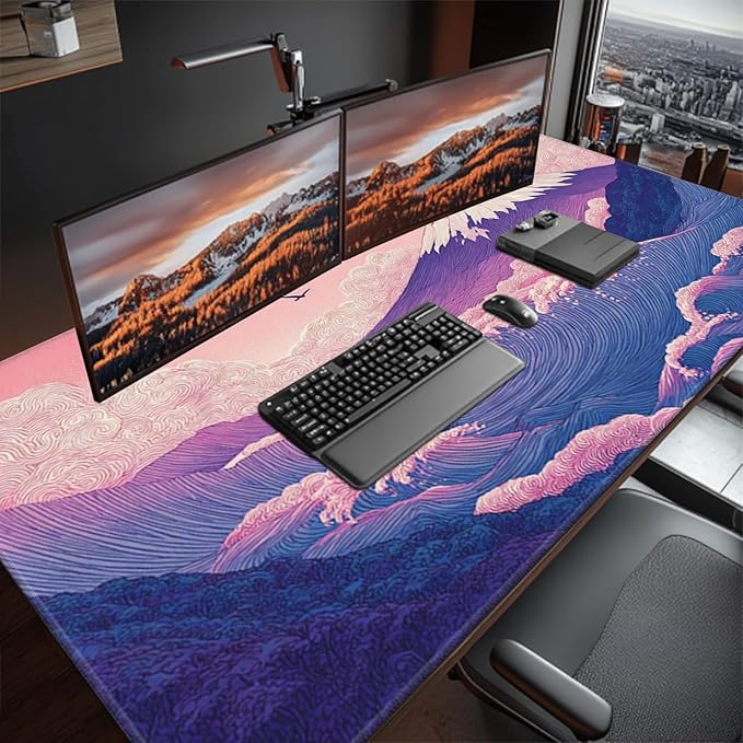 Japanese Mouse Pad with Stitched Edges, Extra Large Desk Mat Gaming Mousepad XXXL Computer Keyboard Mat Waterproof Non-Slip Rubber Mice Pads for Office Desk Decor(Purple, 48" x 24")