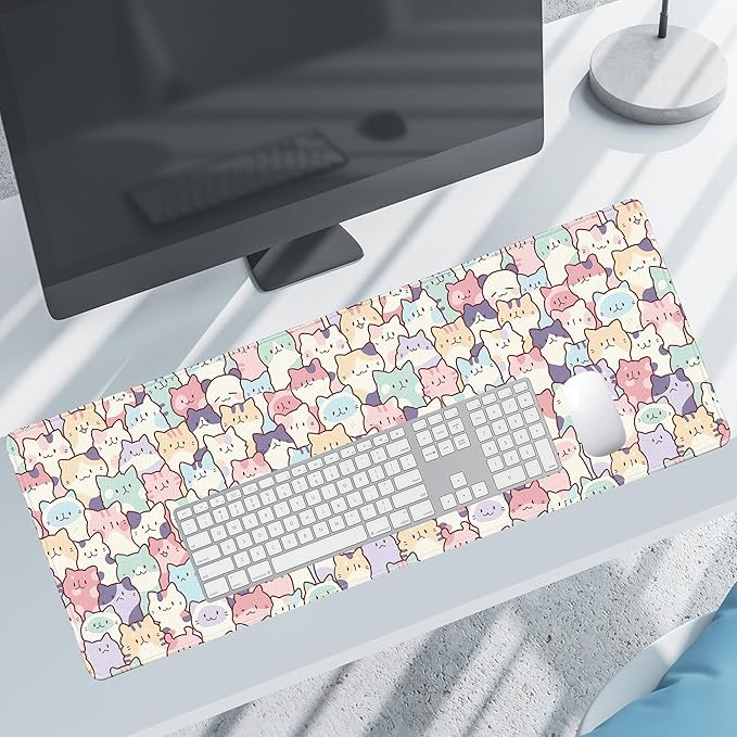 Cute Colorful Cats Large Gaming Mouse Pad for Desk,XL Big Mouse Pad Gaming Mat,Mousepad Desk Pad with Non-Slip Base and Stitched Edges,Keyboard Mouse Mat for Home Office Work,31.5 x 11.8 in