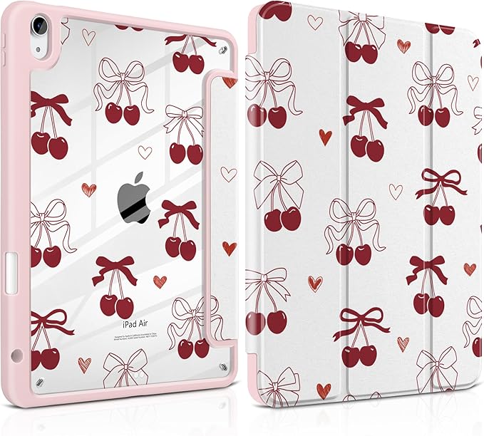Case for iPad Air 11 inch M4 2026 M3 2025 2024 Release with Pencil Holder - Aesthetic Cute Preppy Design Trifold Cover with Soft TPU Bumper Clear Back Auto Sleep/Wake for Girls Women, Cherry