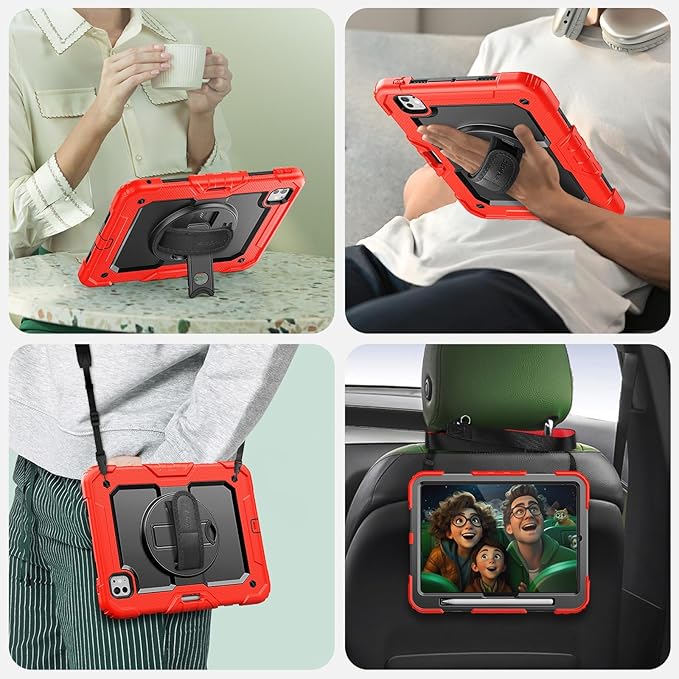 SEYMAC for iPad Pro 11 Inch Case M5 2025 / M4 2024, Heavy Duty Shockproof Protective Case with Screen Protector, 360° Rotating Stand, Hand/Shoulder Strap and Pen Holder, Red