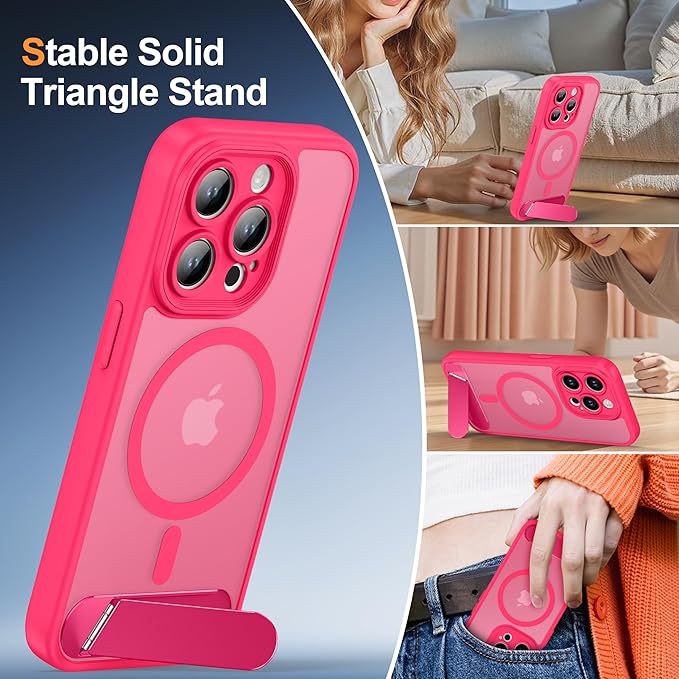 Magnetic Compatible with iPhone 15 Pro Case, [Built-in Kickstand][Full Camera Protection][Compatible with MagSafe][Anti-Fingerprint] Shockproof Phone Case for iPhone 15 Pro 6.1",Hot Pink
