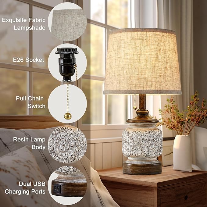 19.5" Farmhouse Bedside Table Lamps Set of 2 Rustic Lamps for Nightstand Bedroom with USB Ports Vintage Traditional White Carved Floral Night Light Lamps for Living Room End Tables Decor