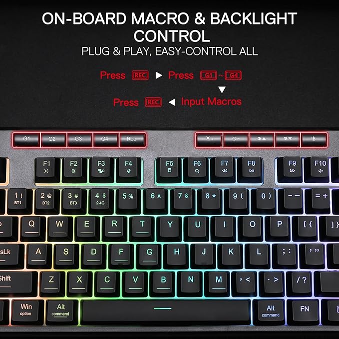 Redragon K516 PRO Shiva TKL RGB Wireless Membrane Gaming Keyboard, 87 Keys Mechanical-Feel Keyboard w/Smooth Linear Switch, On-Board Macro & Multimedia Keys, 16.8M RGB Backlit, Software Supported