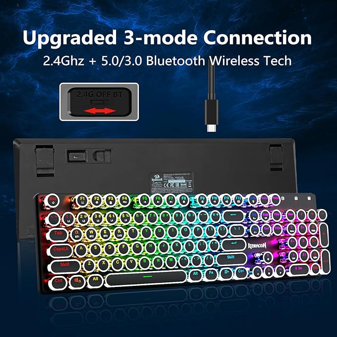 Redragon K710 Wireless Typewriter Style Mechanical Gaming Keyboard, Bluetooth/2.4Ghz/Wired, RGB Backlit, Rechargeable, Blue Switch - Clicky, Metal Panel, Round Keycaps, Black