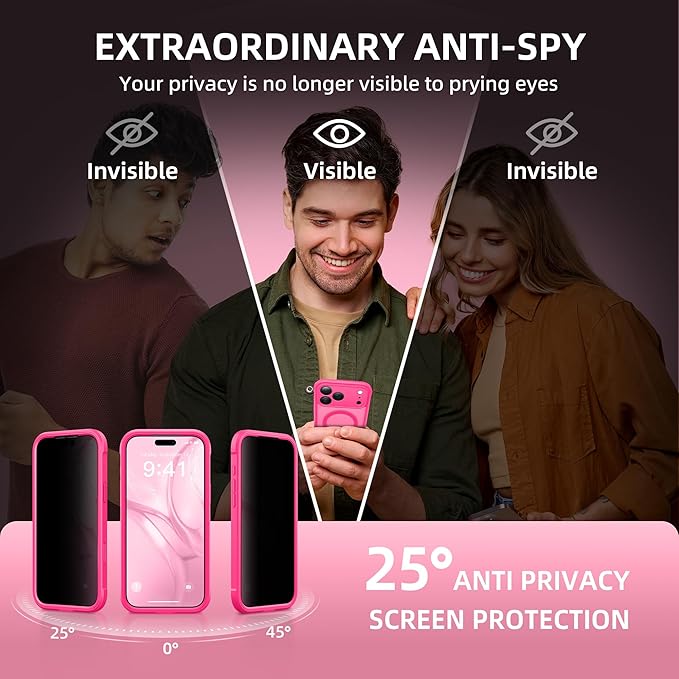 BERFY for iPhone 17 Pro Max Case, Compatible with MagSafe, Built-in Privacy Screen Protector, Camera Protection, Shockproof Full Body Phone Case 6.9", Translucent Hot Pink