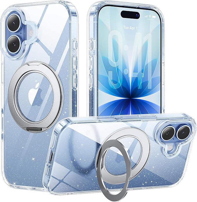 360° Ring Stand for iPhone 17 Case, Compatible with MagSafe, Military-Grade Protective,Anti-Yellowing, Scratch-Resistant Back Cover Phone Case for iPhone 17 6.3", Clear Glitter Stand