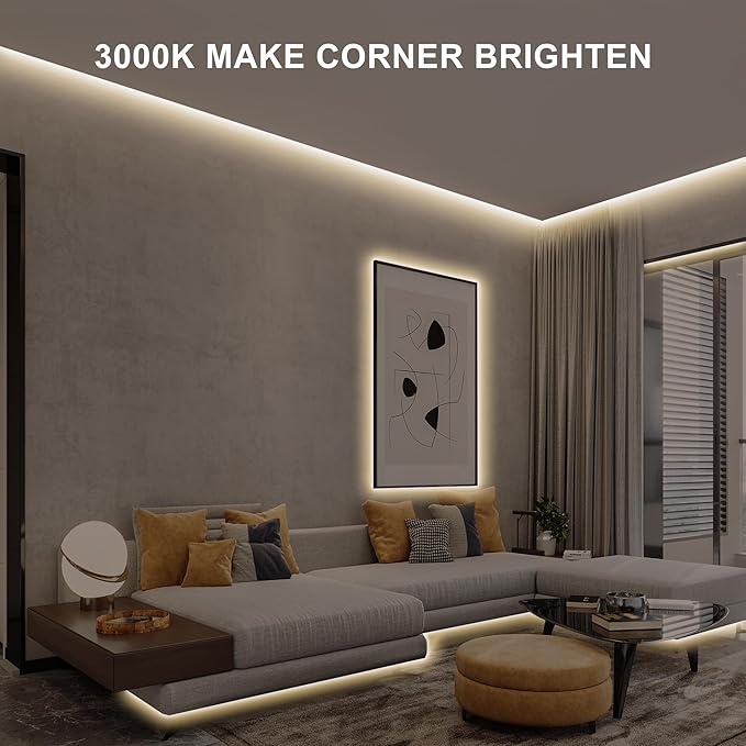 32.8ft COB Led Strip Light with Remote, 3000K Ra93+ Dimmable Bright Warm White Led COB Strip Light, White Continuous Led Strip Light for Mirror, Stair, Cabinet, Room