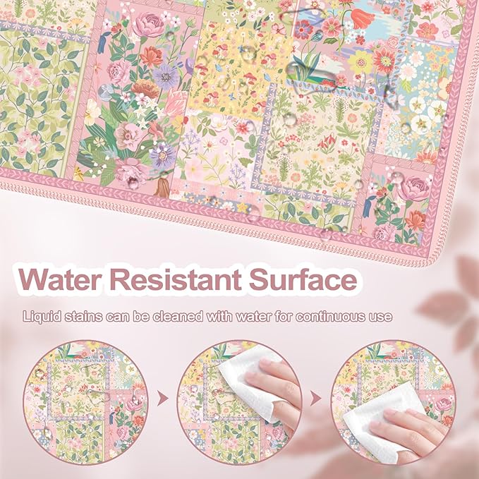 iCasso Pink Desk Mat for Keyboard and Mouse, Large Mouse Pad, Floral Desk Pad, Anti-Slip XXL Big Mousepad with Stitched Edges for Computer