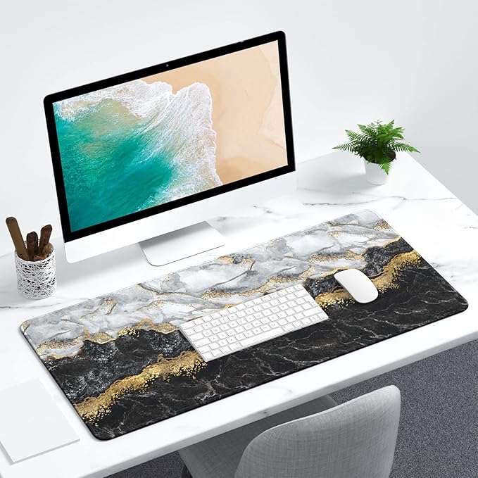Extended Large Mouse Pad, XXL Gaming Mousepad 31.5 x 15.7 Inch, Big Computer Keyboard Desk Pad, Waterproof Mouse Mat with Stitched Edges and Non-Slip Base for Office Gaming, Black Marble