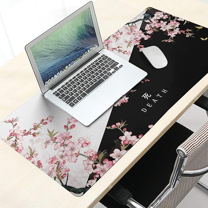 XXL Large Gaming Mouse Pad, Pink Sakura Death Life Extended Desk Pad Non-Slip Rubber Base 35.4x15.7in with Stitched Edges Waterproof Full Desk Pads Computer Gaming Mousepads for Work/Game/Office
