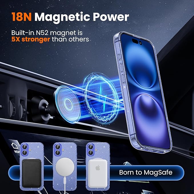 toushion 3 in 1 for iPhone 16 Plus Case Clear Glitter | with MagSafe,Screen Protector *1 & Camera Lens Protector*1, Military-Grade Protection