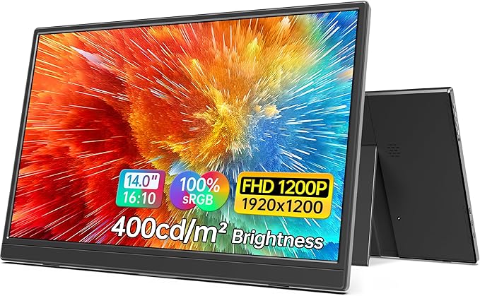 MNN Portable Monitor 14 inch FHD 1920 * 1200P USB C HDMI Ultra-Slim IPS Travel Display w/Speakers, HDR Plug&Play, External Monitor for Laptop PC, Phone,Mac(400cd/m² Brightness)
