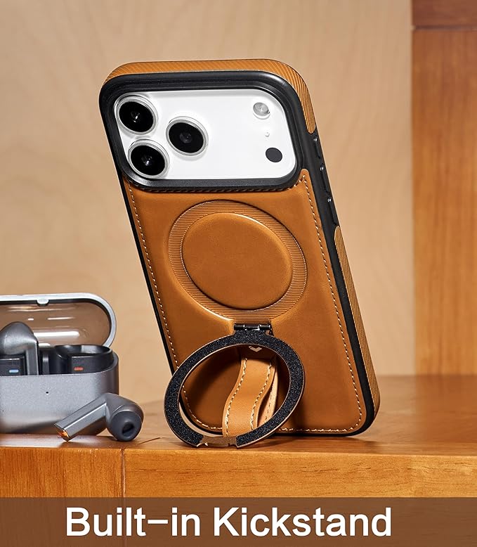 Butaiga for iPhone 17 Pro Max Leather Case with Stand, Anti-Slip Grip Ring, Fits for MagSafe (Brown, iPhone 17 Pro Max)
