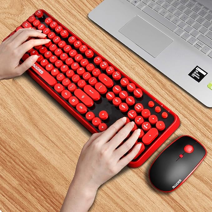 Red Wireless Keyboard and Mouse Combo, Retro Typewriter Style Round Key Keyboard with Bubble Keycaps, 2.4GHz Full Size with Number Pad, Cute Aesthetic Clicky Creamy Keyboard for PC Laptop Desktop