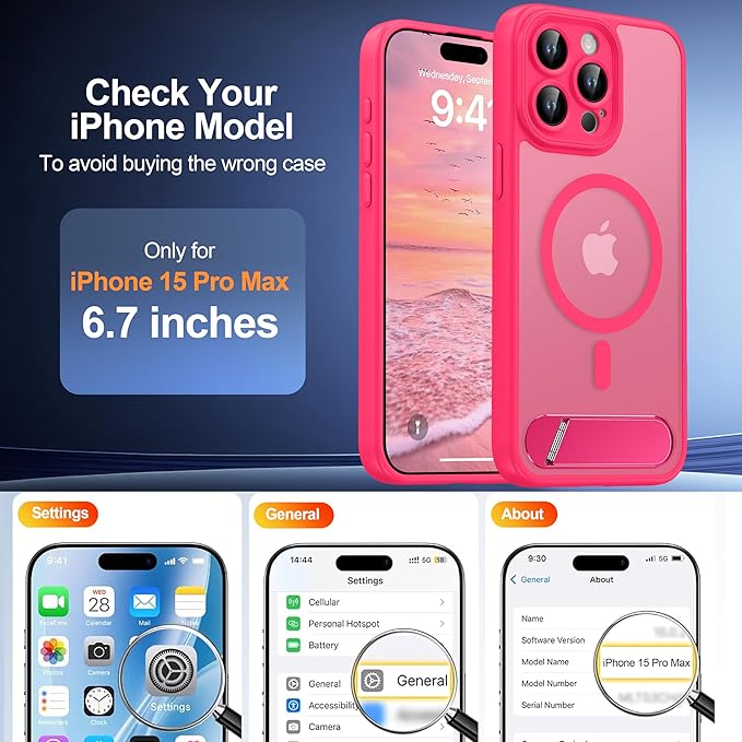 Magnetic Compatible with iPhone 15 Pro Max Case, [Built-in Kickstand][Full Camera Protection][Compatible with MagSafe][Anti-Fingerprint] Shockproof Phone Case for iPhone 15 Pro Max 6.7",Black
