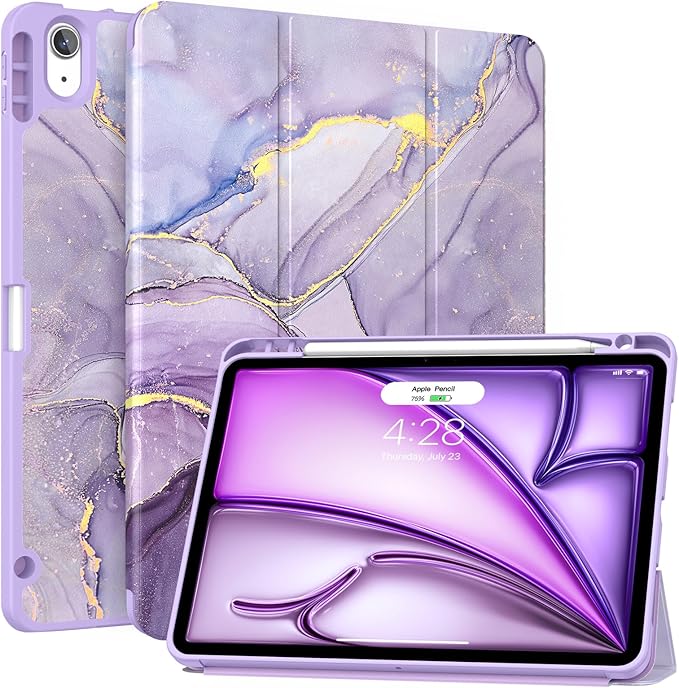 Soke Case for New iPad Air 11 Inch (M4/M3/M2, 2026-2024), iPad Air 5th/4th Generation 10.9 Inch (2020-2022) with Pencil Holder, Soft TPU Back Cover & Auto Sleep/Wake, Lilac Marble