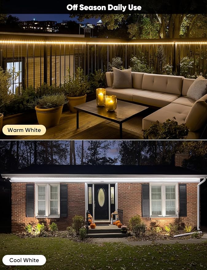 98FT Outdoor LED Strip Lights RGB+IC with Warm&Cool White, ETL Listed Music Sync Light Strip AC 120V, IP65 Waterproof and Connectable, for Party Festival Eave Porch Patio Every Day Decor