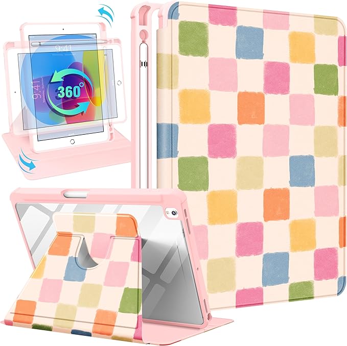 Uppuppy for iPad 9th/8th/7th Generation Case for iPad Air 3rd/ Pro 10.5” Case - 360 Rotating Stand Folio Smart Cover with Pencil Holder for Women, Colorful Checkered for Apple Tablet 7/8/9 Gen 10.2”