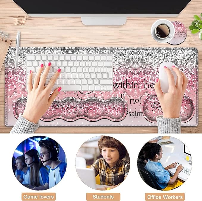Desk Pad, Large Gaming Mouse Pad Extended Thick Writing Pads, Ergonomic Keyboard Wrist Rest with Non-Slip Rubber Base Office Desk Mat 31.5"×11.8", Psalm 46-5 Verse Pink Sparkles Glitter Mousepad