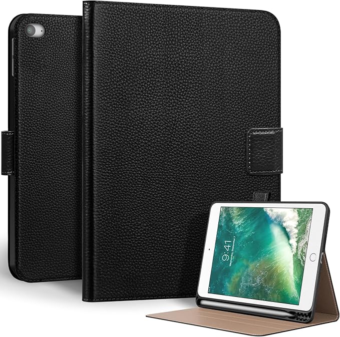 Genuine Leather Case for iPad mini 5th / 4th Generation 7.9’’ (2019/2015) | Slim Protective Cover with Adjustable Stand, Auto Wake/Sleep, Magnetic Closure, Premium Leather | Black