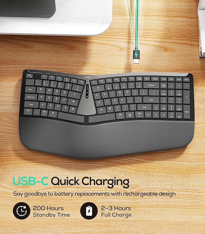 Nulea RT07B Wireless Ergonomic Keyboard - Split Keyboard, Wrist Rest, Natural Typing, Bluetooth and USB Connectivity, USB-C Rechargeable,Compatible with Windows Mac (Silver White)