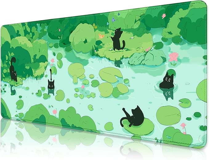 FLY SPRAY Gaming Mouse Pad for Computer,XXL Cute Cat Mousepad Laptop,Green Anime Mouse Mat,Extended Large Black Japanese Keyboard Pads,Non-Slip Mouse Pads for Game Office Home（31.5 x 11.9 in）