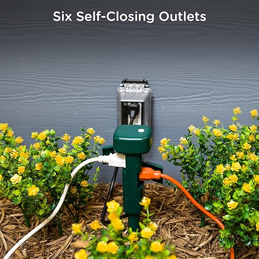 Enbrighten Vibe Wi‑Fi Matter Smart Plug Yard Stake, 2.4GHz, No Hub Required, Compatible with Alexa and Google Assistant, Six Grounded Plug‑in Outlets for Outdoor Use, 81200-S1