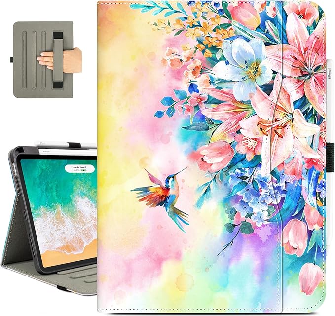 Vimorco for iPad Air 13 Inch Case M4/M3/M2 2026/2025/2024 Floral, for iPad Air 13 Case for Girls Women, Pencil Holder/Hand Strap/Pocket/Screen Protection Band, for iPad Air Case 13, Pink Flower Bird
