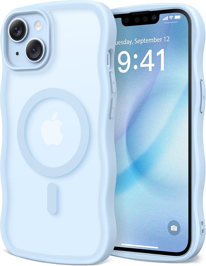 CAPRARO Cute for iPhone 13 Case & iPhone 14 Case, Compatible with MagSafe, [Curly Wave Edge] [Camera Protection] [14 FT Drop Protection] Magnetic for iPhone 13/14 6.1 Inch, Light Blue