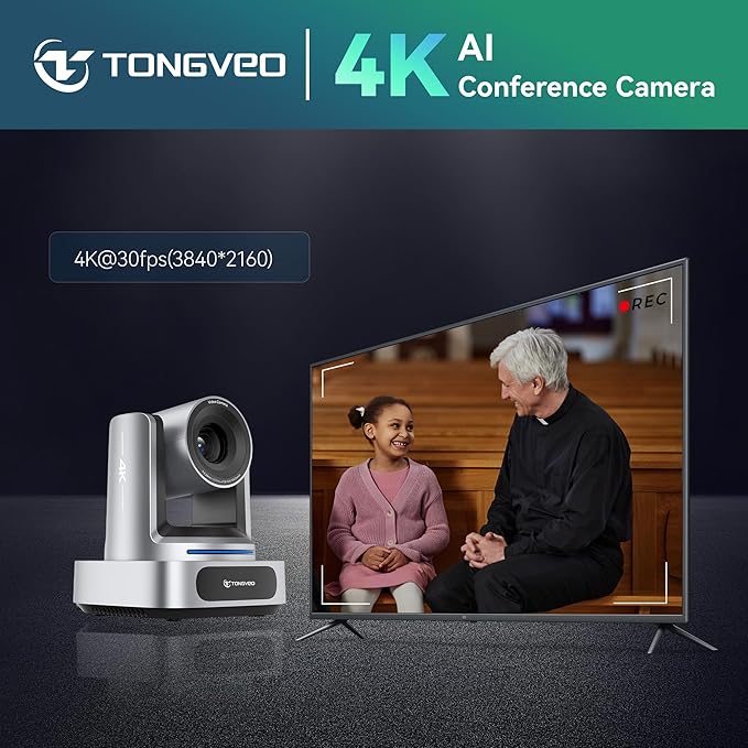 TONGVEO 4K AI PTZ Camera with 10X Optical Zoom & Bluetooth Conference Speakerphone, Auto Tracking Video Conferencing System with 360° Voice Pickup, HDMI USB Webcam for Church, Zoom, Teams