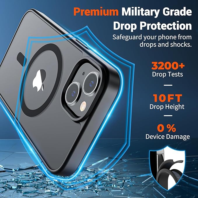SUPFINE Magnetic for iPhone 15 Plus Case & iPhone 14 Plus Case(Compatible with MagSafe)(Military Grade Drop Protection) Translucent Shockproof Phone Cover,Black
