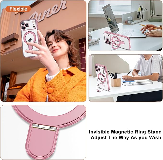 Compatible with iPhone 17 Pro Case with Invisible Magnetic Ring Stand [Compatible with Mag-Safe] [Full Camera Lens Protector] Plating Clear Phone Case for iPhone 17 Pro 6.3", Pink