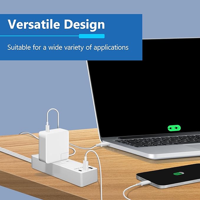 LIDER Outlet Extender with 3 Receptacles, USB Type-A and 2 USB Type-C Port, Ultra-Thin Flat-Plug with Cord Extender, 3-Outlet Power Strip, Slim Angled Design, UL-Listed, 5ft Cord, White